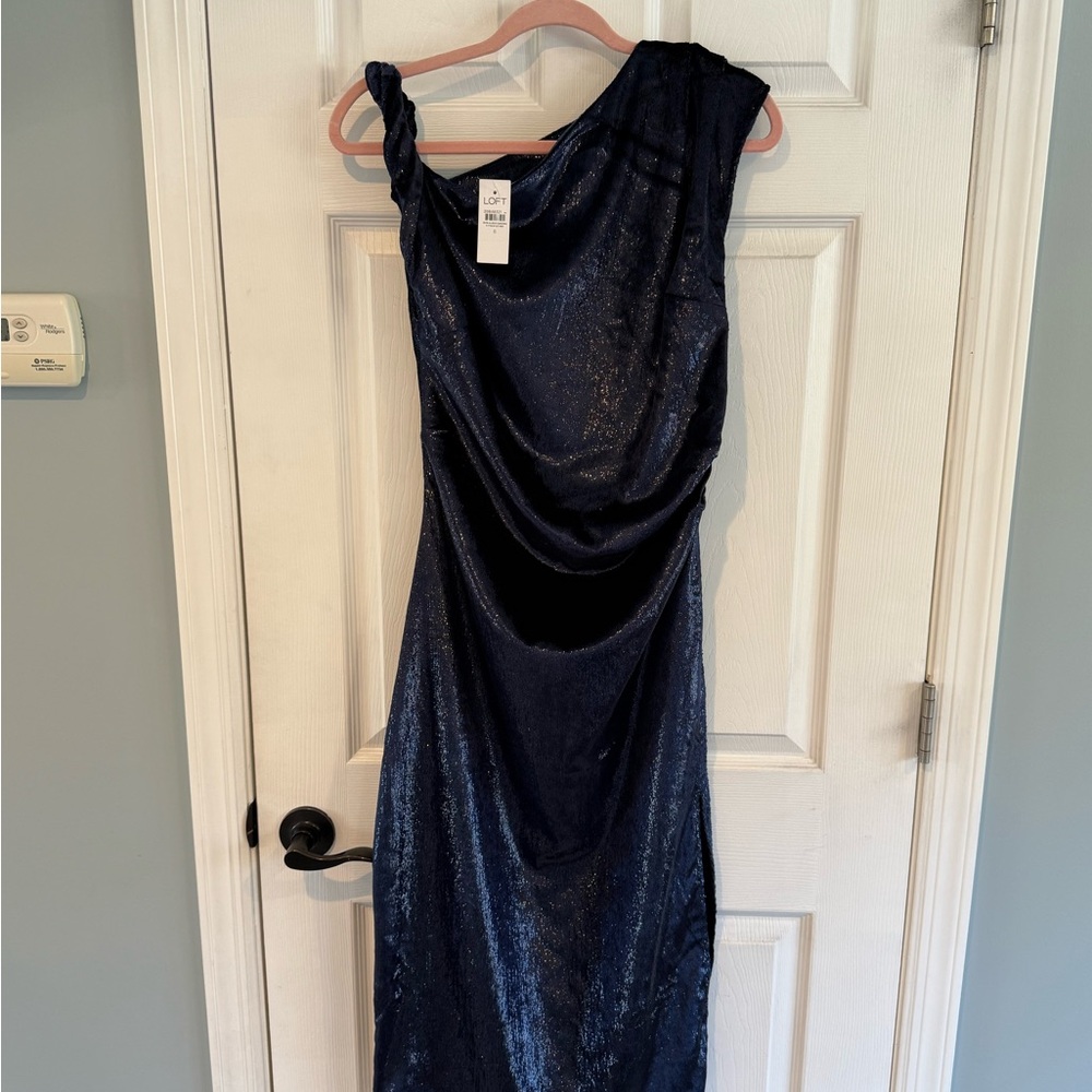 LOFT Navy One-Shoulder Shimmer Draped Dress